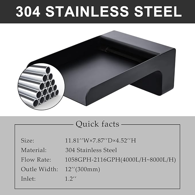 PONDO 304 Stainless Steel Made Exquisite Handcrafted Waterfall Spout for Landscape, Water Fountain Spout Scupper Luxury Decoration for Pools, Ponds, Water Walls (Black Powder Coating)