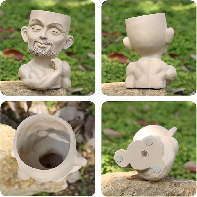 Unique Plant Pots Face Planters, Funny Plant Pots Head Planter, Men Face Planters Pots Head, Beefcake Face Vase with Drainage Hole (Khaki)
