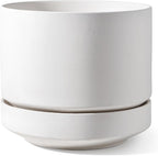 LE TAUCI 12 Inch Pots for Plants with Saucer | Ceramic Outdoor & Indoor Planter Pot for Plants | Drainage Hole, Mesh Pad & Plug | Unglazed Porous | Modern for Home, Office and Patio – Chalk White