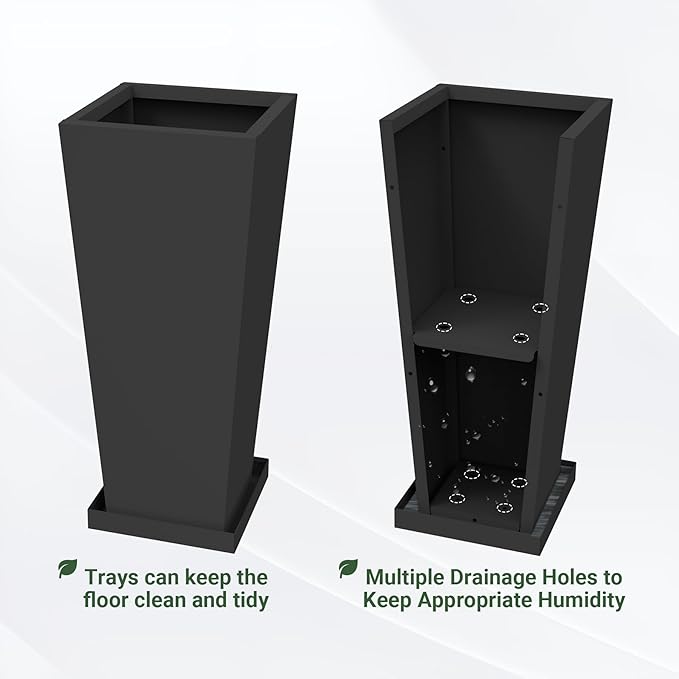 Metal Tall Planters 26 inch Set of 2, Durable Taper Planter with Drainage Holes & Rust-Proof Coating & Trays for Outdoor Indoor Garden Patio Front Door
