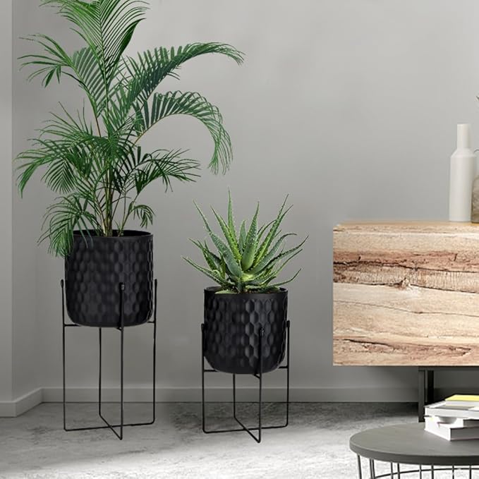 TRIROCKS Set of 2 Metal Planters with Stand, Small Indoor Plant Pots 8 * 18 &7 * 12" Modern Decorative Flower Pots for Living Room, Entryway, Office, Balcony(Black)