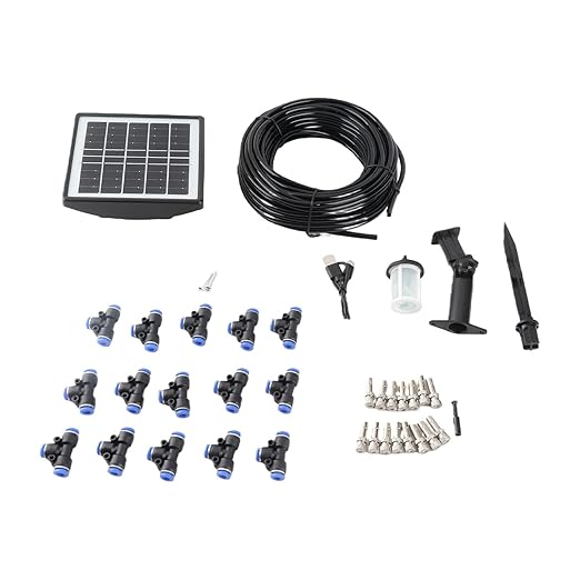 Solar Powered Spray Irrigation System Kit, Flexible Watering Schedule, Solar Auto Irrigation System with 2200mAh Battery, IP67 Water Proof, 15m Hose,15 Flower Pots, for Garden Lawn
