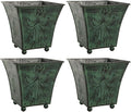Hosley Set of 4 Green Patina Embossed Metal Planters with Ornate Floral Design, 5.25" L x 5.25" W x 5" H – Ideal for Floral Arrangements, Home Décor, Garden Accents, Rustic Weddings.