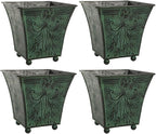 Hosley Set of 4 Green Patina Embossed Metal Planters with Ornate Floral Design, 5.25" L x 5.25" W x 5" H – Ideal for Floral Arrangements, Home Décor, Garden Accents, Rustic Weddings.