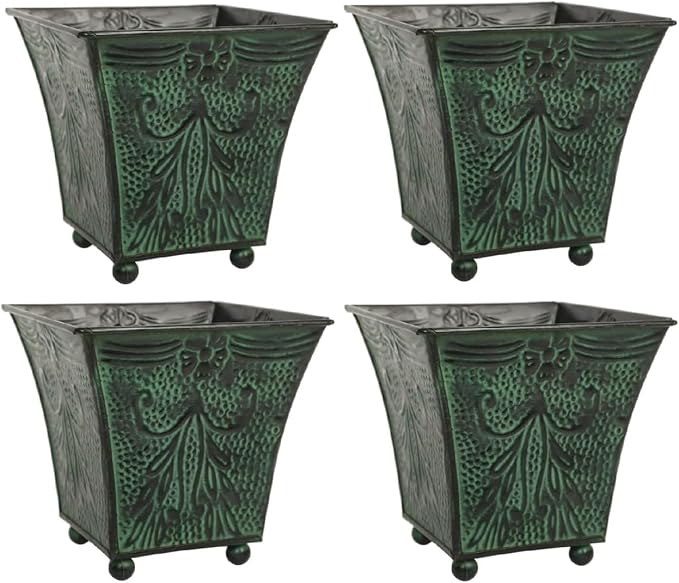 Hosley Set of 4 Green Patina Embossed Metal Planters with Ornate Floral Design, 5.25" L x 5.25" W x 5" H – Ideal for Floral Arrangements, Home Décor, Garden Accents, Rustic Weddings.