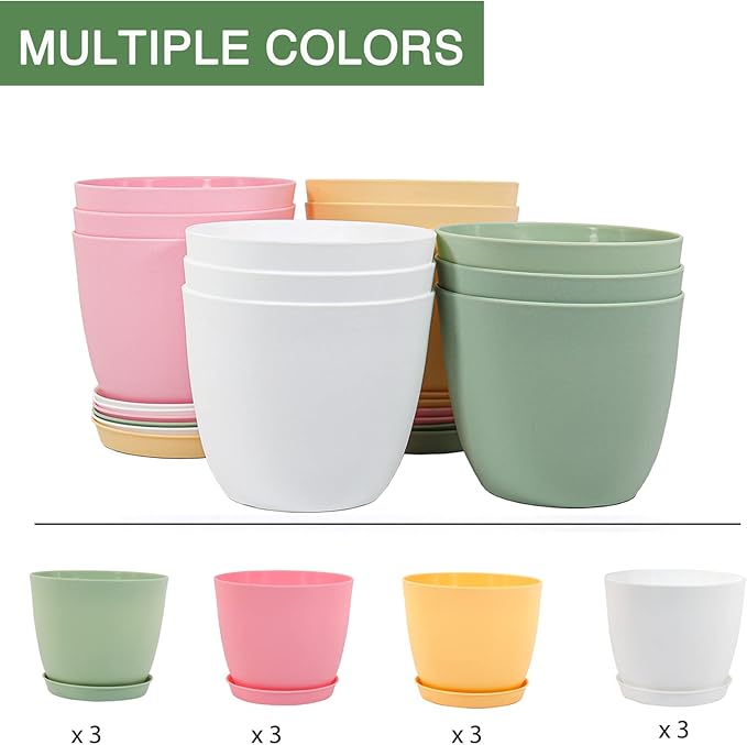 SwinDuck 6 Inch Plant Pots, 12 Pack Plastic Planters Modern Flower Pot with Drainage Holes and Saucers for All House Plants, Herbs, Flowers and Seeding Nursery, Colorful