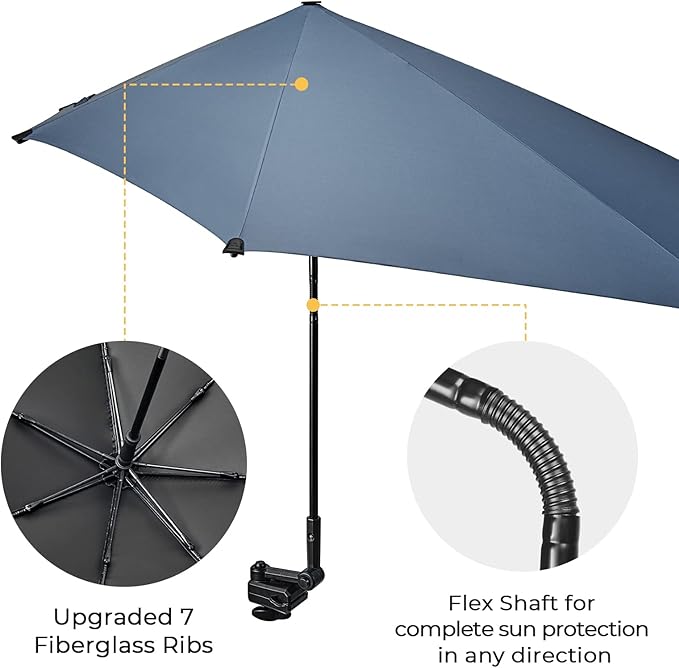 G4Free UPF 50+ Adjustable Beach Umbrella XL with Universal Clamp for Chair Stroller Wheelchair Golf Cart Bleacher Patio