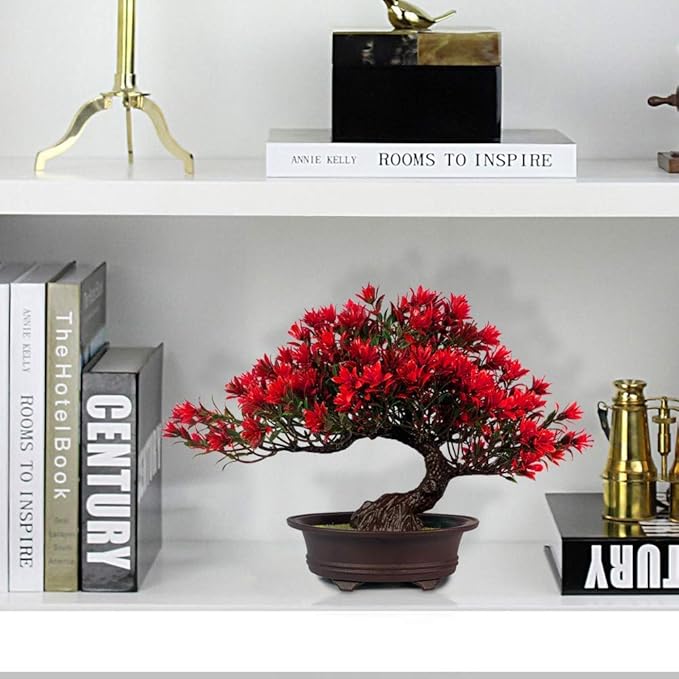 Artificial Bonsai Tree Fake Plants for Home Decor, Living Room Bathroom Bookshelf Entryway Table Wall Shelf Modern Farmhouse Decor, 9.5" Tall, Red