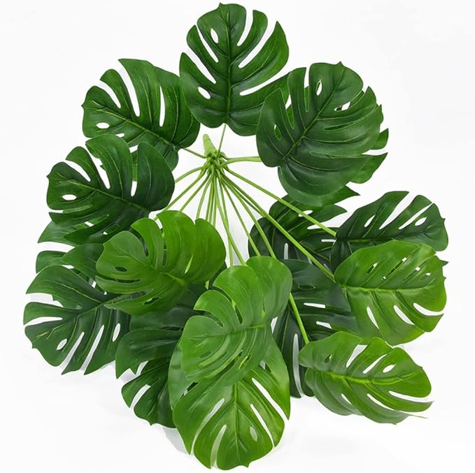 Artificial Shrubs Plant, CATTREE Fake Tropical Palm 2 Pack Taro Leaves Faux Greenery Bushes Realistic Monstera Farmhouse Plants for Home Kitchen Garden Bathroom Bedroom Decor Outdoor Indoor Decoration