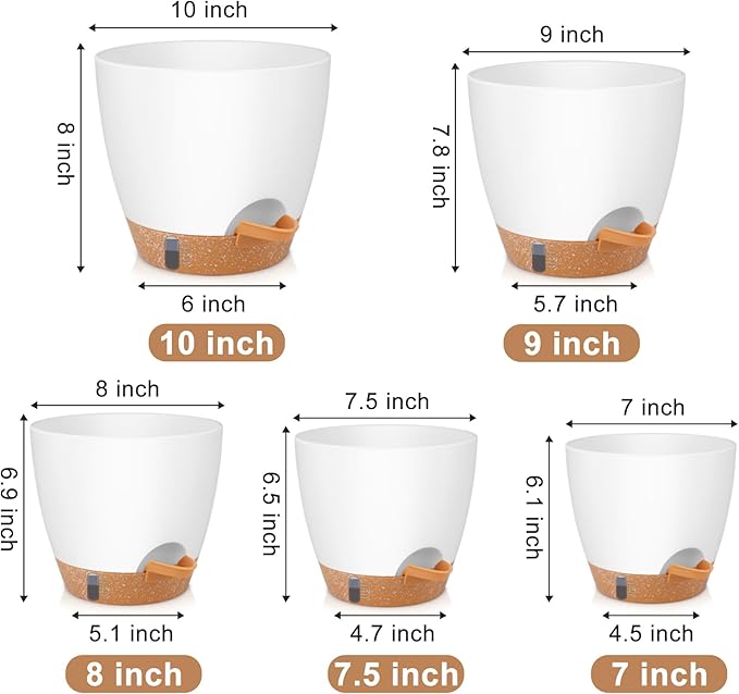 QRRICA Plant Pots 10/9/8/7.5/7 Inch Self Watering Pots, with Drainage Holes and Saucers,Water Level Indicator & Deep Reservoir,Large Plastic Planter for Indoor Out Door Plants (White)