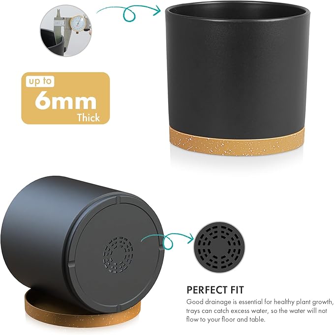 WSMKSZ 8 Inch Cylinder Plant Pots for Indoor Outdoor Plants, Medium Deep Flower Pots with Drainage Holes & Saucer, Decorative Plastic Planter Pots for Garden House Plants, Black with Brown