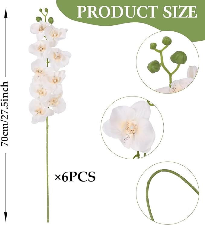 6PCS White Orchid Artificial Flowers 27’’ Fake Orchid Phalaenopsis Branches Silk Orchids for Vase Table Centerpiece Home Wedding Party Garden Decoration(Champagne)