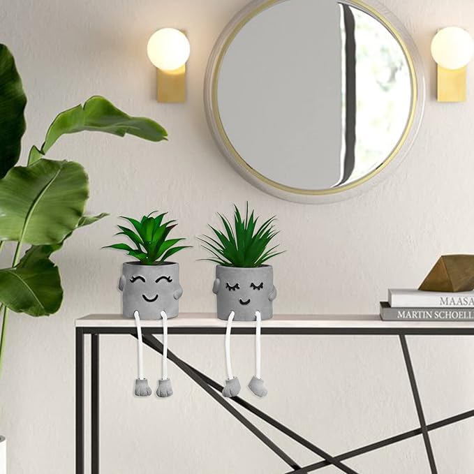 Zerzsy Faux Succulents in Cement Pots with Hanging Leg, Potted Mini Fake Plants for Desk Decor, Kitchen Shelf Decor, Office Decoration for Women, Bathroom Shelf Plants Decoration - Set of 2
