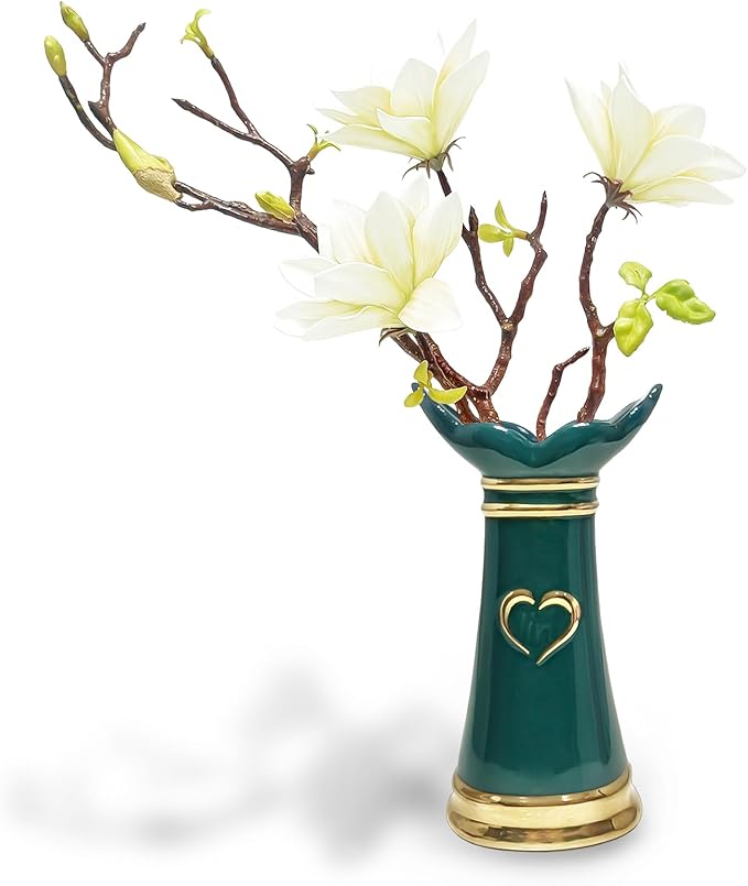 LoveLin,Artificial Flowers with Ceramic Vases,Faux Flower Arrangement,Affordable Luxury Artwork,Housewarming New Year Xmas Gift,Home Decor (White/Dark Green)