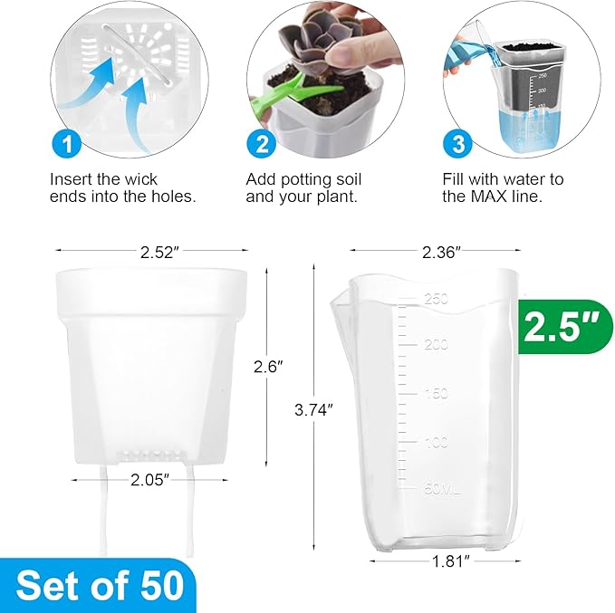 50 Pack 2.5" Clear Self Watering Pots for Indoor Plants, Semi Hydroponic Pots with Drainage & Water Level & Plant Label, Plastic Nursery Pots for Propagation, African Violet