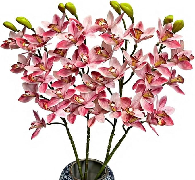 4pcs Artificial Cymbidium Orchid Flower Plant 3D Print Vanda 10 Heads Latex Phalaenopsis Flower (Medium Pink)