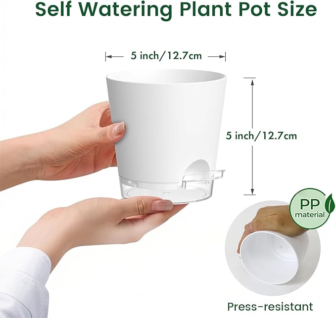 Meowell 5 inch Self Watering Flower Pots for Indoor Plants, 5 Pack Small Plant Pots with Drainage Holes & Clear Reservoir for Visible Water Level, Plastic Wicking Planter Pots for House Plants, White