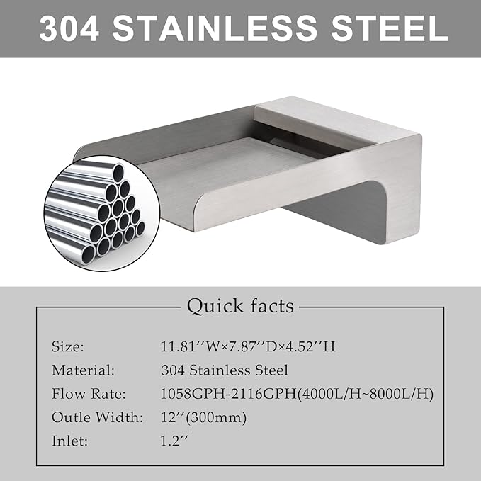 PONDO 304 Stainless Steel Made Exquisite Handcrafted Waterfall Spout for Landscape, Water Fountain Spout Scupper Luxury Decoration for Pools, Ponds, Water Walls (Brushed Finishing)