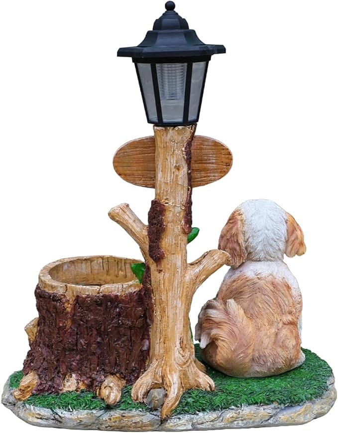 Animal Outdoor Statue Planter Solar Light Welcome Garden Sculpture Resin Flower Pot Decorative Porch Patio Yard Lawn Entryway Figurine with LED Lamp Rustic Plant Holder Ornament Courtyard (E)
