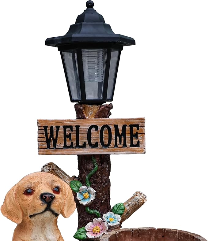 Animal Outdoor Statue Planter Solar Light Welcome Garden Sculpture Resin Flower Pot Decorative Porch Patio Yard Lawn Entryway Figurine with LED Lamp Rustic Plant Holder Ornament Courtyard (B)