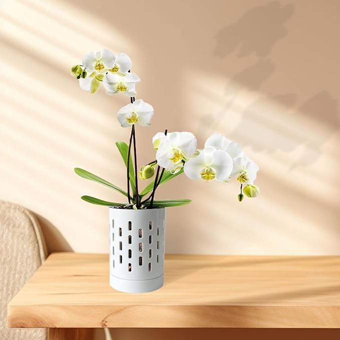 Orchid Pots with Holes,4 Inch Ceramic Orchid Pot for Repotting, Plant Pot for Repotting Orchids and Other Flowers - Indoor/Outdoor White