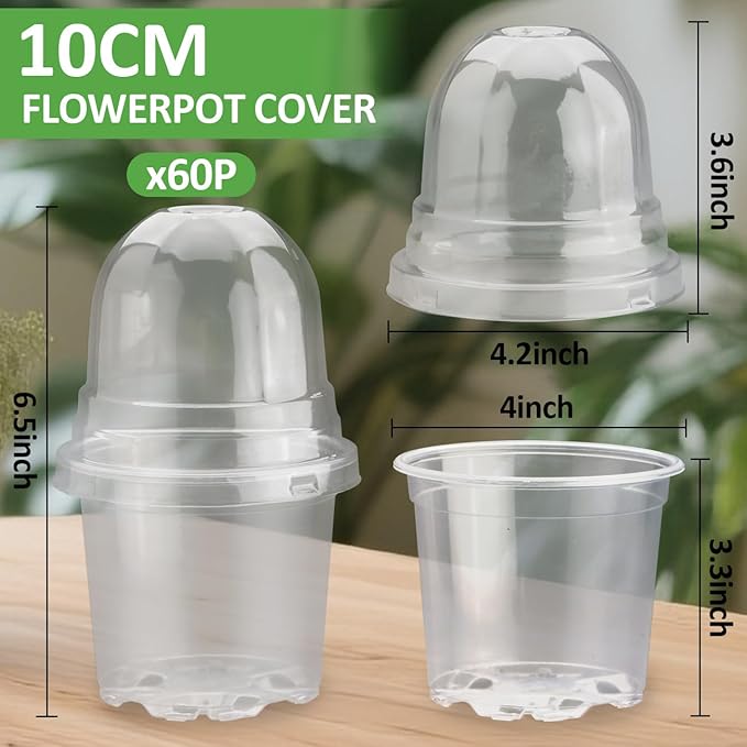 RooTrimmer 60 Pack Clear Nursery Pots with Humidity Domes, 4 Inch Plastic Plant Pots with Drainage Holes for Seedlings, Transparent Seed Starting Pot for Cuttings Propagation Indoor Gardening