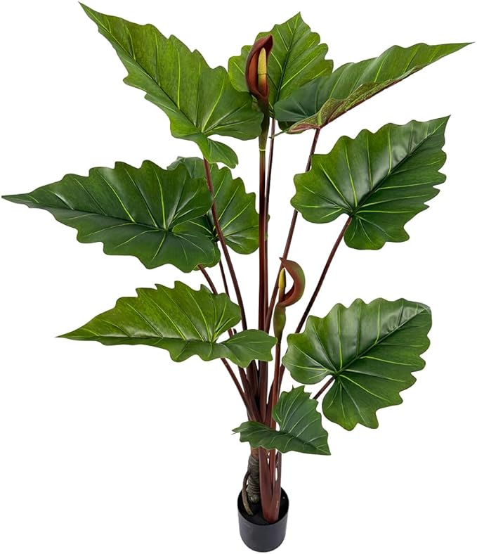 55in Tall Artificial Elephant Ear Plant - 9 Large Faux Tropical Leaves for Indoor Outdoor Jungle Decor Pet-Safe, Bendable Stems(4.6FT-1Pack)