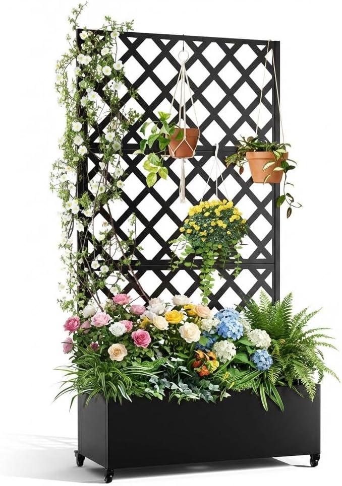 IDEALHOUSE Metal Planter Box with Trellis, 72"x35"x15.7" Galvanized Raised Garden Bed on Wheels with Drainage Holes, Outdoor Planter for Climbing Plants Vines & Privacy Screen, Diamond Lattice