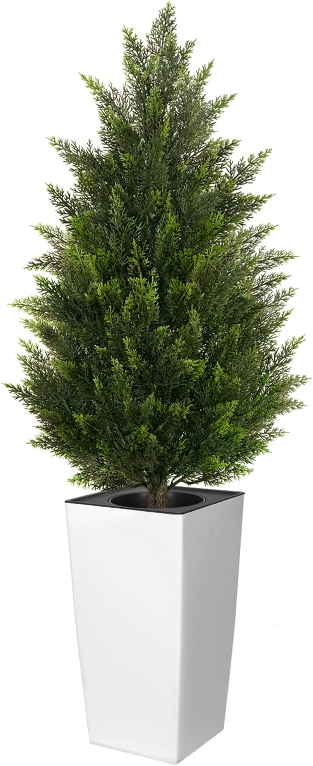 4FT Tall Artificial Cedar Topiary Tree with Compact Pyramidal Shape, Realistic Faux Cypress in Square White Pot with Fillable Water Bag, Outdoor Evergreen for Front Porch Garden Home Decor