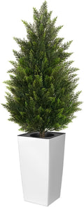 4FT Tall Artificial Cedar Topiary Tree with Compact Pyramidal Shape, Realistic Faux Cypress in Square White Pot with Fillable Water Bag, Outdoor Evergreen for Front Porch Garden Home Decor
