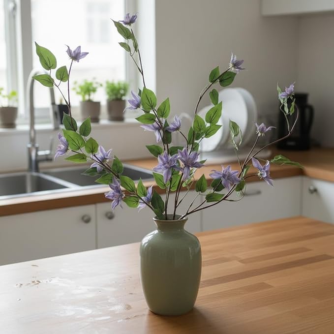 4pcs Blue Purple Artificial Clematis Flower Branches Greenery Stems, 29.5" Long Stem Realistic Silk Faux Flower Plants for Vase, Home Wedding Office Table Centerpiece Decor