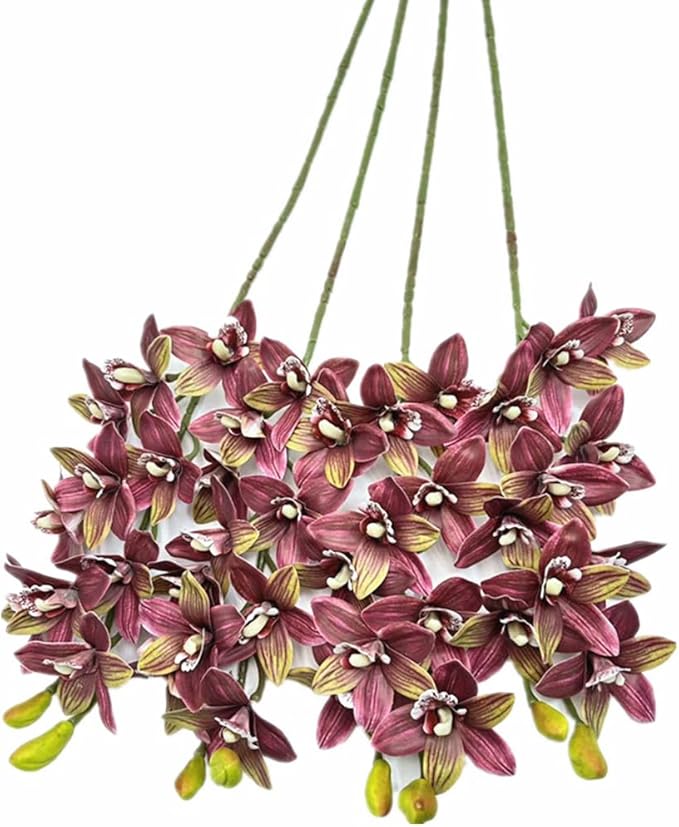 4pcs Artificial Cymbidium Orchid Flower Plant 3D Print Vanda 10 Heads Latex Phalaenopsis Flower (Yellow red)