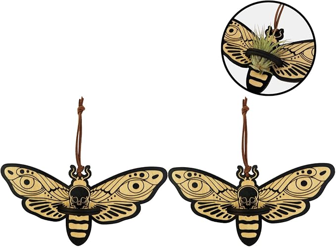 Laisgee Death Head Moth Airplant Holders, Gothic Wall Hanging, Skull Moth Indoor Planter Halloween Witchy Wood Air Fern Holders for Plant Lover Bug Collector, 2 PCS