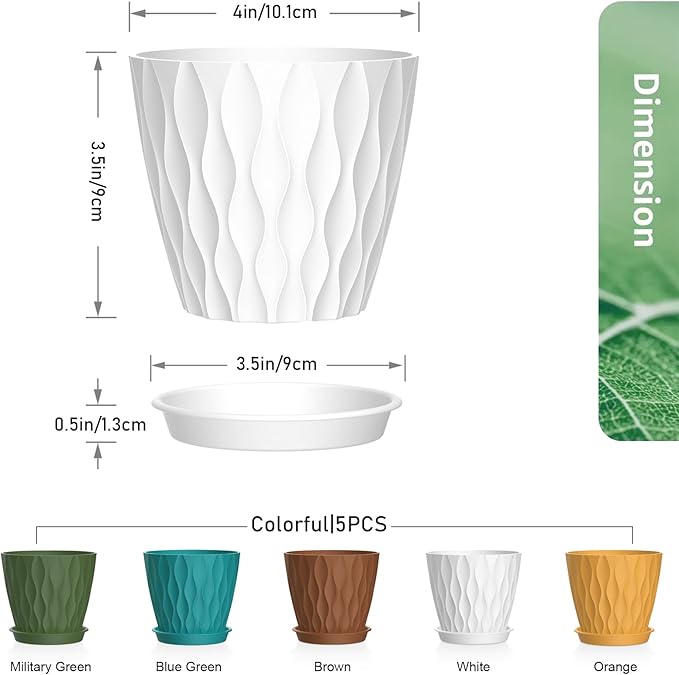 Meowell 4 inch Small Plastic Nursery Pots, Seedling Pots, 5 Set Water Ripples Plant Pots for Indoor Plants, Flower Pots with Drainage Holes and Saucers, Seed Starter Pots for Succulent, Colorful