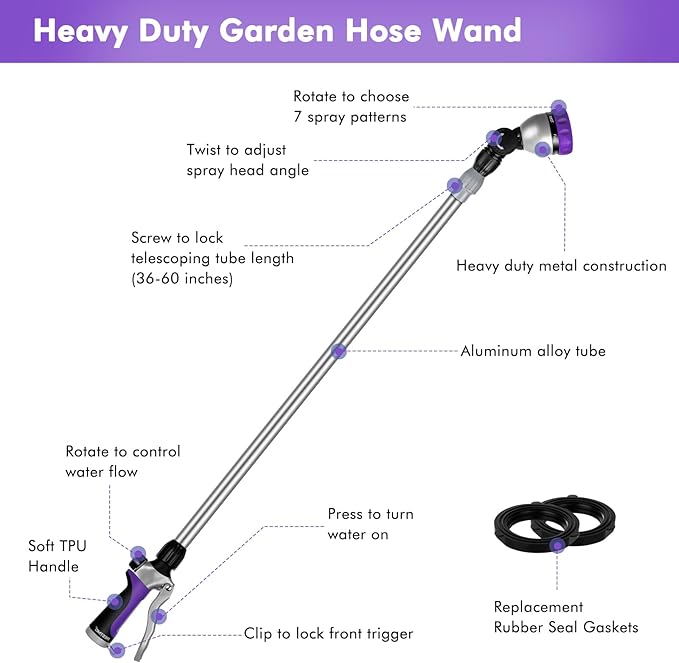 RESTMO 36”-60” Metal Watering Wand, Long Telescopic Tube | 180° Adjustable Ratcheting Head | 7 Spray Patterns | Flow Control, Perfect Garden Hose Sprayer to Water Hanging Baskets, Shrubs, Purple