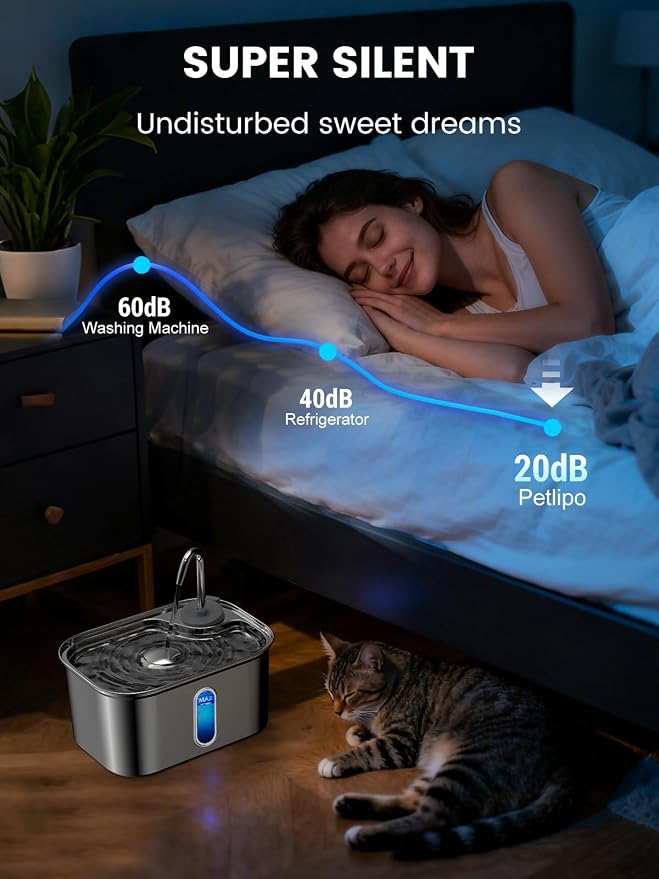 Cat Water Fountain Stainless Steel for Cats Indoor 2.5L 85oz by BPA-Free SUS304, Effective 6-Layer Filter Cat Fountain for Drinking 20dB Ultra Quiet & Soft Flow Metal Pet Water Fountain