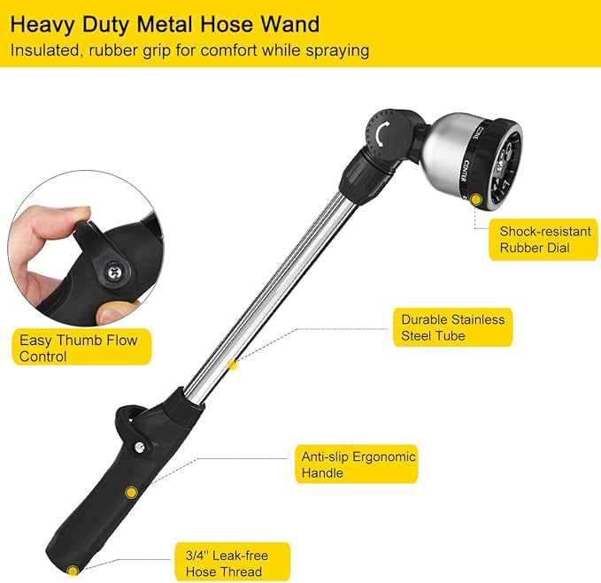 FANHAO Garden Hose Wand Heavy Duty, 16 Inches Metal Watering Wand with 8 Spray Patterns, 180° Rotating Long Hose Nozzle Sprayer Wand with Thumb Flow Control for Watering Hanging Baskets and Shrubs