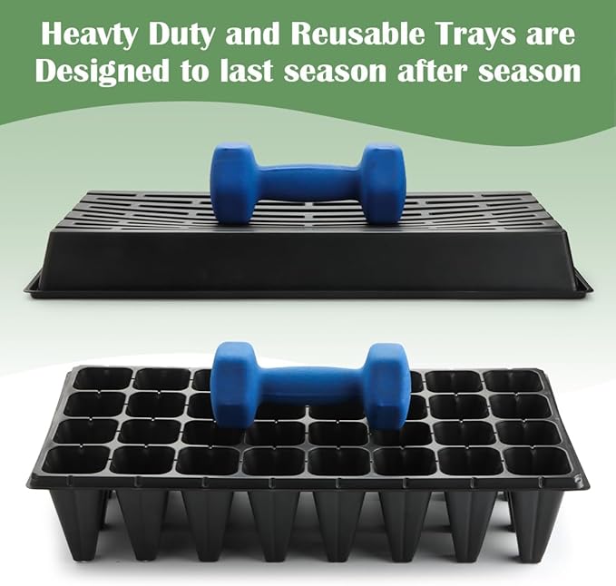 RooTrimmer 10 Pack 1020 Trays No Holes and 10 Pack 4.3" Deep 32 Cell Seed Starter Trays, 20" x 10" - Heavy Duty Plastic Nursery Flats for Seed Germination & Plant Propagation (10 Sets)
