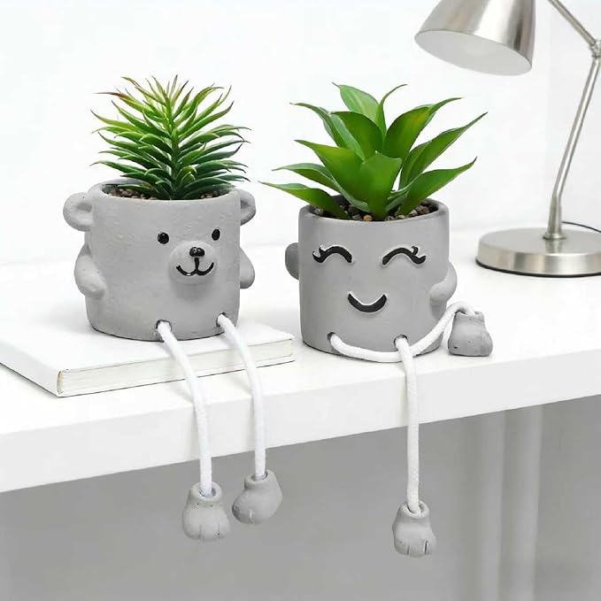 Zerzsy Fake Desk Plants in Cement Pots, Faux Plant Succulents Shelf Decorations, Funny Artificial Succulent Plants for Office Desk Decor, Cubicle Accessories - Set of 2
