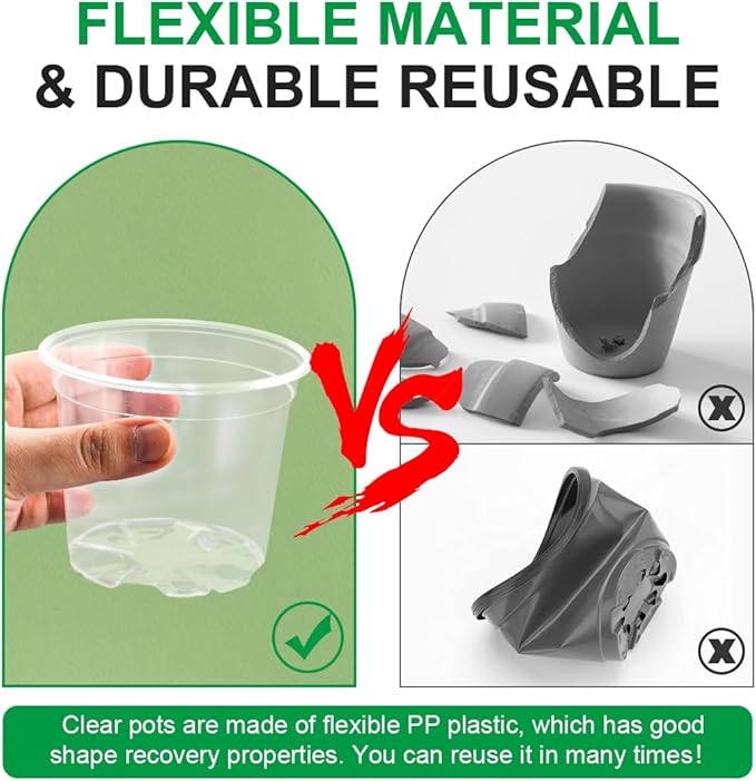 RooTrimmer 200 Pack 4 Inch Clear Plant pots with Drainage Holes, Transparent Nursery Seeding Pots, Flexile Seeds Starter Pots, Seeds Germination (4Inch,200P,Clear)