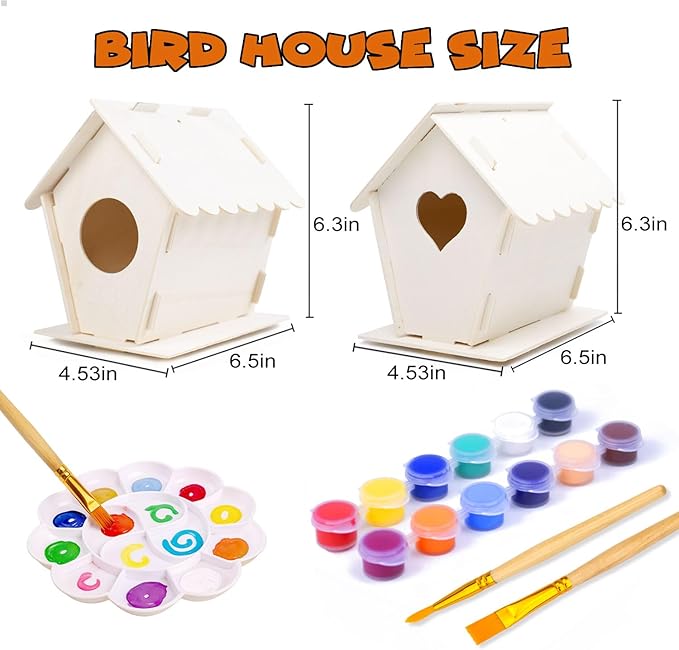 hapray 2 Pack Bird House Kit, DIY Birdhouse Kits, Wooden Crafts Arts for Children to Build and Paint (Includes Paints & Brushes) for Kids Girls Boys Toddlers Halloween Gifts