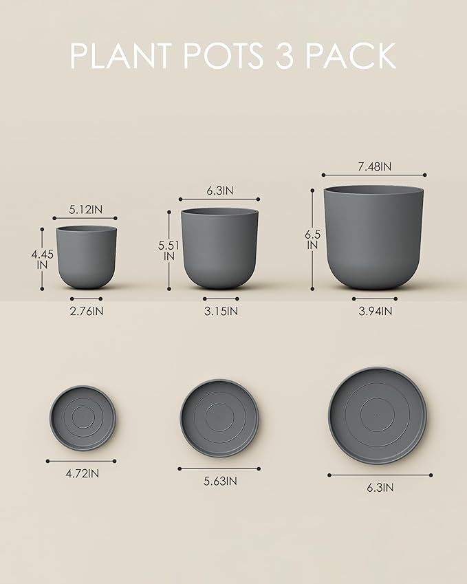 Bamworld Plant Pots Planters for Indoor Plants Flower Pots with Drainage Holes 5/6/7.5 Inch Set of 3 Plastic Planters for Outdoor Plants Garden Pots for Office Room Home Decor Gray