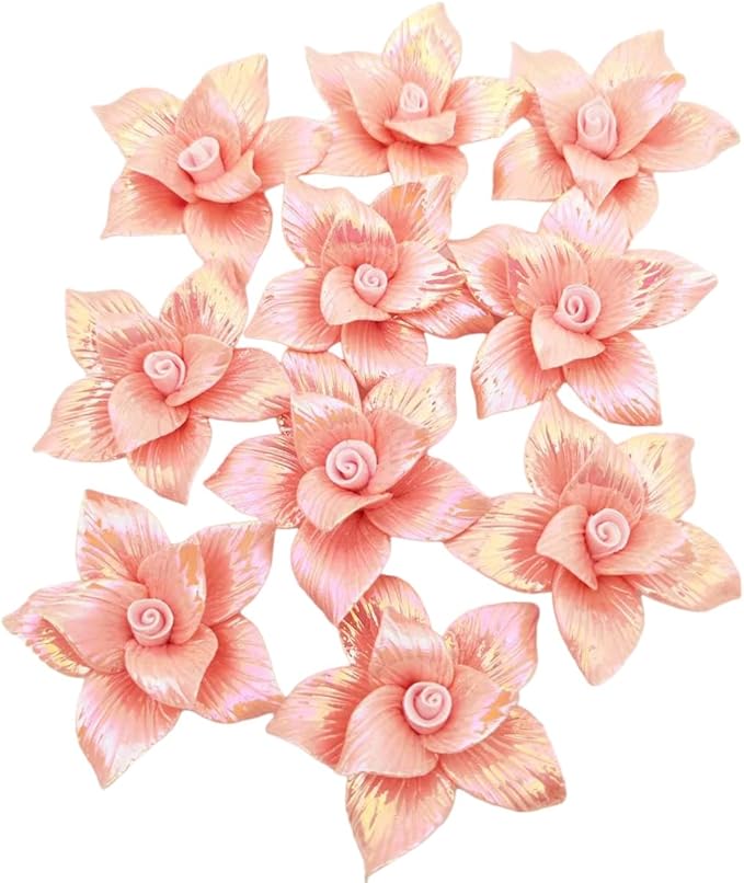 10 PCS 3D Flower Ceramic Tiles,1.6" Handmade Procelain Ceramic Flowers for Artwork,Fish Tank,Vases,Living Room, Dining Table,Office, Home Floral Decor (Double-Flowered Iridescent Light Orange)
