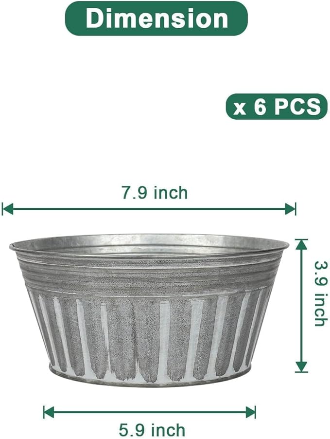 vensovo 8 Inches Silver Metal Rustic Plant Pots - 6Pcs Shallow Galvanized Planters with Drain Hole and Rubber Plug, Rustproof Tin Bucket Succulent Pot Indoor Farmhouse Vintage Style for Decor