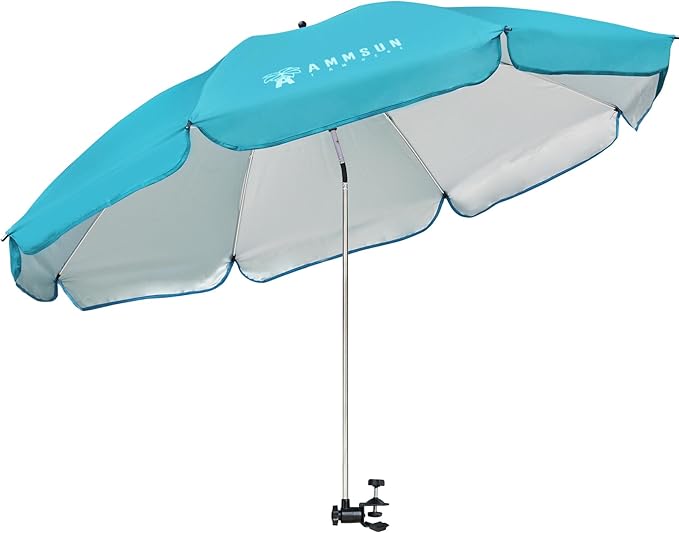 AMMSUN XL Chair Umbrella with Universal Clamp Adjustable 47 inches and 360-degree Swivel UPF 50+, Portable Clamp on Camping or Beach Chair, Stroller, Wheelchair, Golf cart, Bright Blue, Large-sized