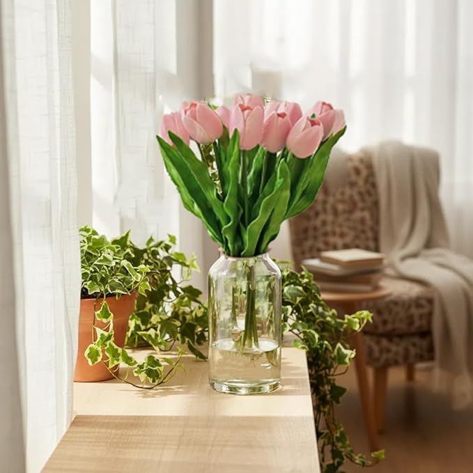 Mandy's Light Pink Artificial Tulips Flowers Centerpiece, 17.7" Lifelike PU Fake Floral Stems 6pcs for Kitchen Island & Dining Table, Spring Decor for Easter