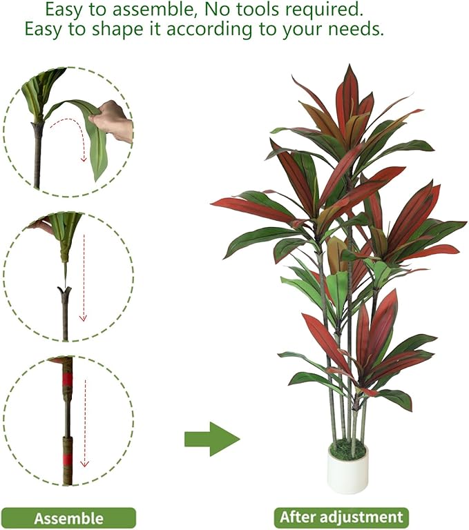 5FT Artificial Dracaena Tree Red: Compact Faux Plant for Apartments, Realistic Greenery in White Planter, Easy-Clean Silk Tree for Small Space, Balcony, Office Gaoqisi