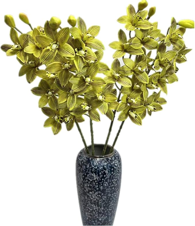 4pcs Artificial Cymbidium Orchid Flower Plant 3D Print Vanda 10 Heads Latex Phalaenopsis Flower (Light Green)
