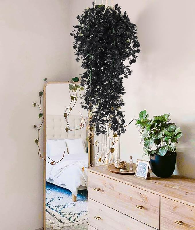 RECUTMS Hanging Artificial Plants Faux UV Resistant Flowers Bulk Outdoor Plastic Greenery for Party Home Wall Bedroom Window Hanging Planter Outside Decor Pack of 2 (Black)