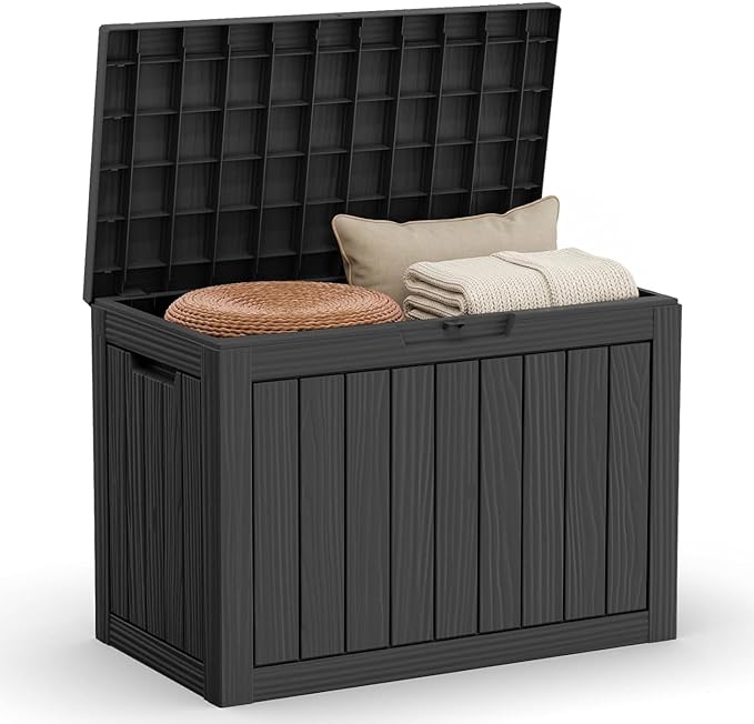 45 Gallon Outdoor Deck Box, Lockable Waterproof Outdoor Storage Boxes For Garden Tools,Indoor Cushions,Accessories Outside Storage Resin Weatherproof Container(Black)